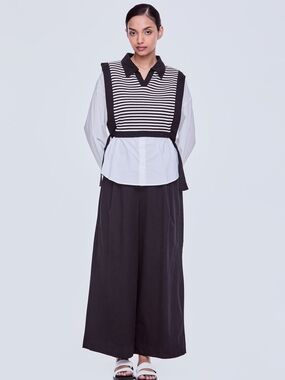Cider Black and White Striped Knit Vest Layered Over White Shirt